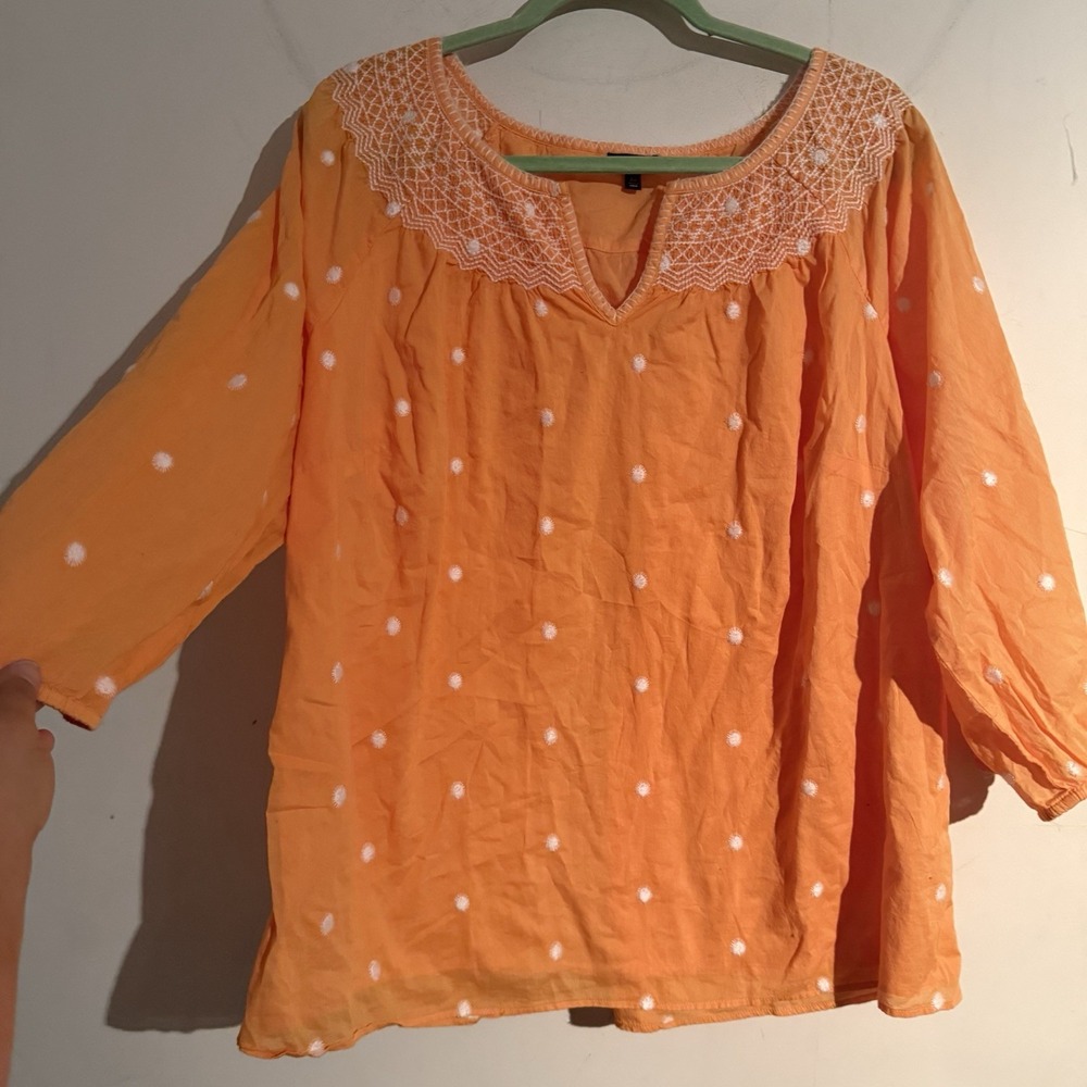 Talbots Plus 2X Embroidered Sunrise Dot Cotton Smocked Neck Top Boho Cottagecore